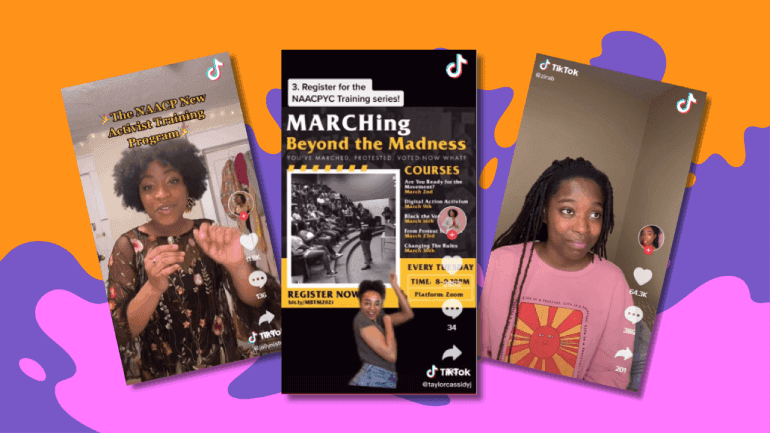 Three still images of TikTok posts by Black creators highlighting the NAACP Activist Training Program.
