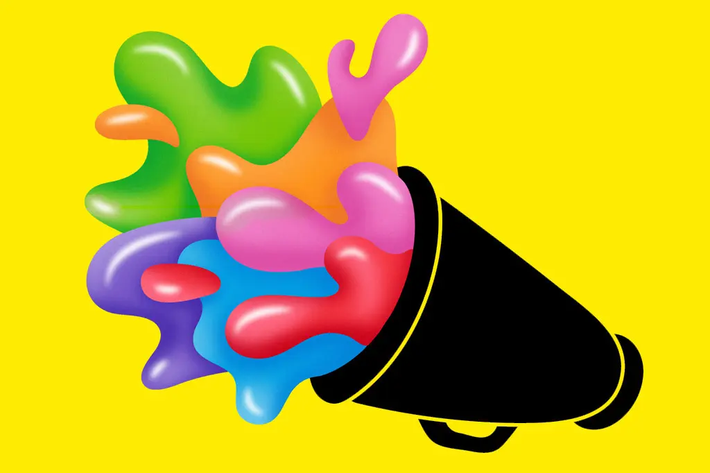 Illustration of the Gushers logo colours splashing from a black megaphone onto a yellow background.