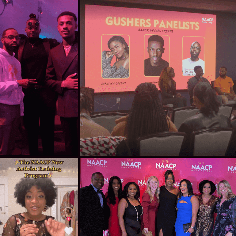 A collage of four images featuring Black creators, including a photo from the NAACP awards & Gushers' panelists on stage.